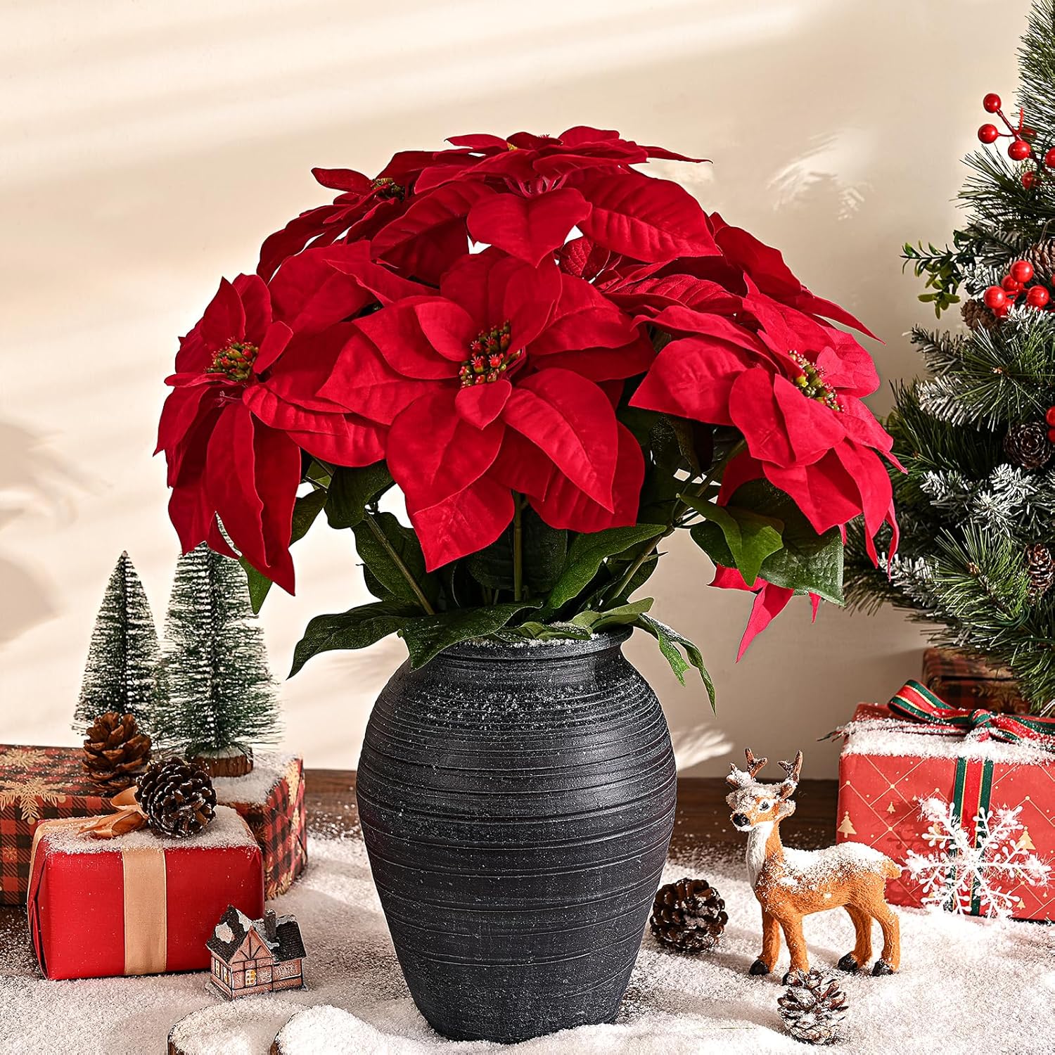 MARTINE MALL 21.3 in Poinsettia Flowers Artificial, 2 Packs Poinsettia Christmas Decoration, Long Stem Velvet Poinsettia Bouquet for Christmas Tree Porch Home Garden Indoor Outdoor Decoration